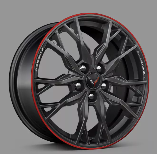 Carbon flash-painted forged-aluminum wheels with red stripe